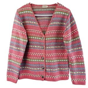 Vtg Womens S Alps Cardigan Sweater Pink Fair Isle Cotton Acrylic Metal‎ Buttons